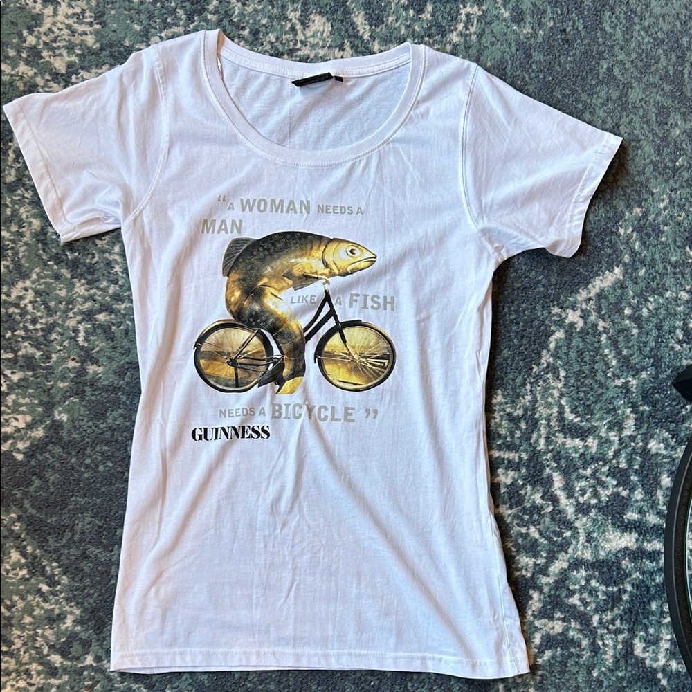 Guinness White Tee with Fish on Bicycle Graphic